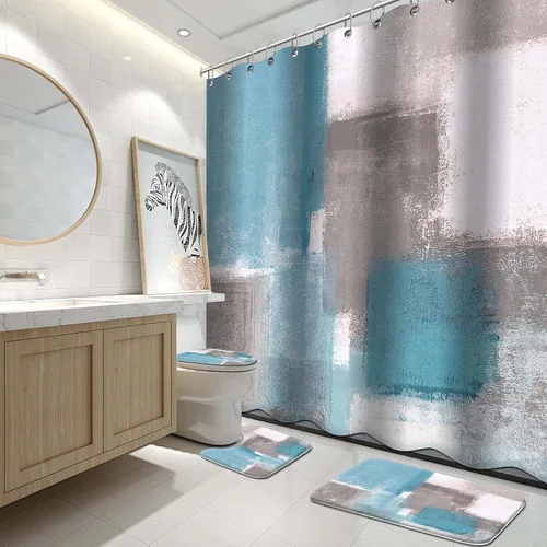 Lnond Juego de 4 cortinas de ducha para baño con alfombras, azul cielo y gris blanco pintura abstracta juegos de baño con cortina de ducha y