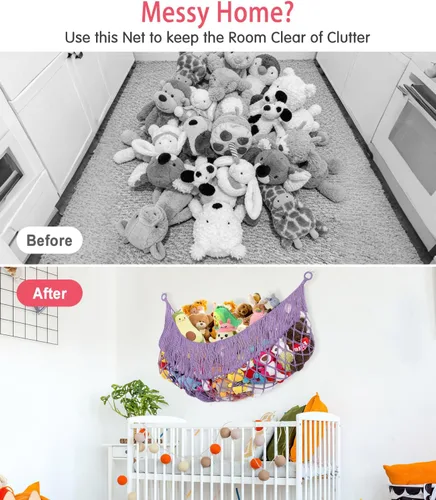 Miniatura 2 de Hamaca extra grande de red para animales de peluche – [56 pulgadas de largo/macramé tejido a mano/lavanda] Hamaca de almacenamiento para pared