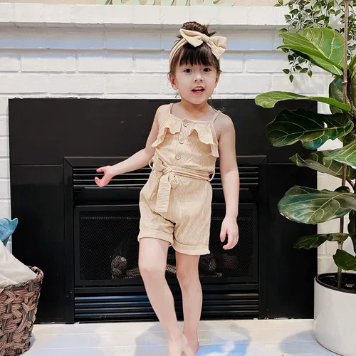 Miniatura 2 de CETEPY Ropa de bebé niña pequeña trajes de verano sin mangas overol halter de una pieza diadema