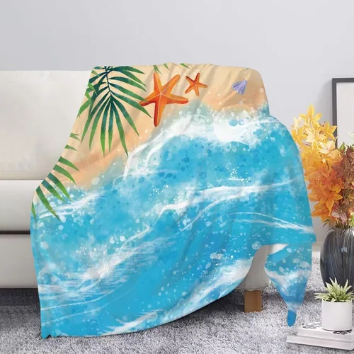 Manta suave acogedora para cama, diseño moderno para todo tipo de clima, mantiene el calor, esponjosa, decoración de estrellas de mar de playa azul