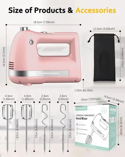 Miniatura 8 de Batidora de mano eléctrica, batidora de mano eléctrica potente de 300W con batidores 304, gancho para masa, batidora de mano con turbo para hornear