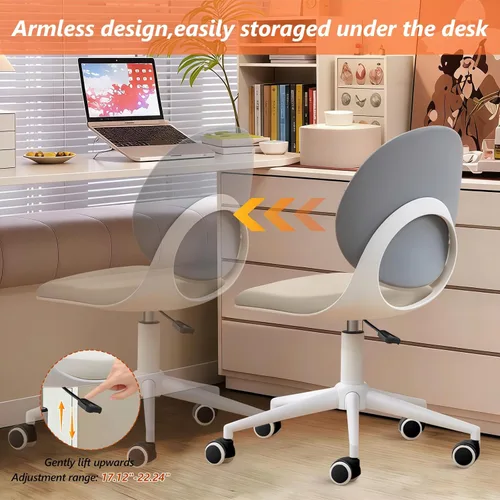 Miniatura 5 de Silla moderna de oficina en casa, silla de escritorio de tela de piel sintética sin brazos con respaldo medio, silla giratoria de altura ajustable