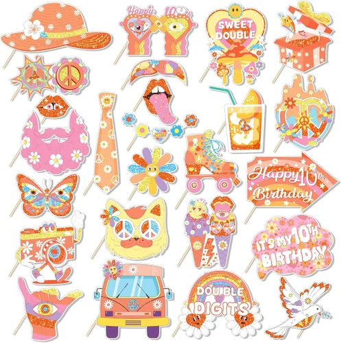 25 piezas de accesorios para cabina de fotos, decoraciones de fiesta retro boho para niñas, suministros de fiesta temática hippie para baby shower,