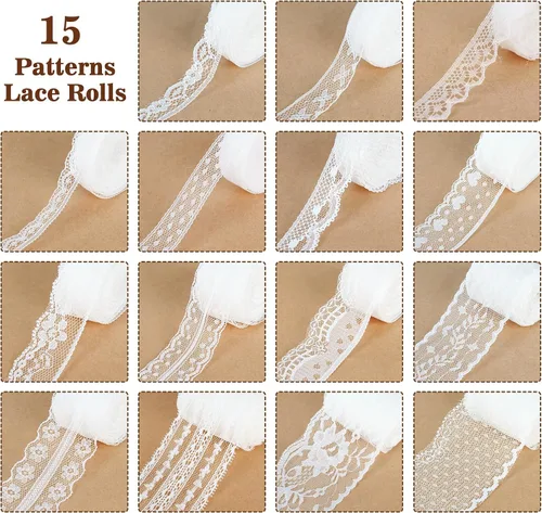 Miniatura 4 de ilauke Cinta de encaje blanco de 82 yardas, 15 rollos de adornos de encaje vintage con varios patrones de ganchillo y costura, diseños florales