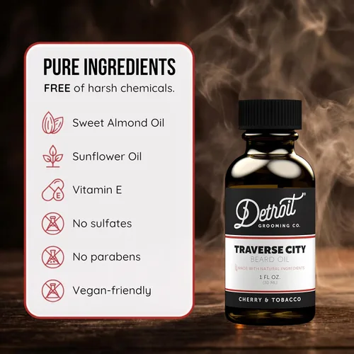Miniatura 6 de Detroit Grooming Co. Aceite para barba Fórmula hidratante y nutritiva con vitamina E Cereza y tabaco • Traverse City (1 oz)