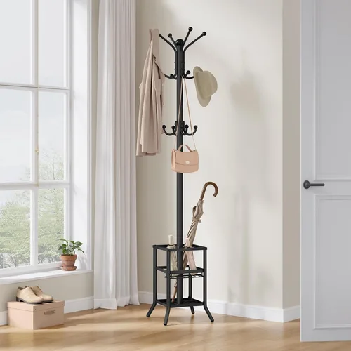 Miniatura 8 de FAVOOSTY Perchero independiente, perchero con soporte para paraguas, árbol de metal con 12 ganchos, sombrero de ropa de árbol para entrada, pasillo