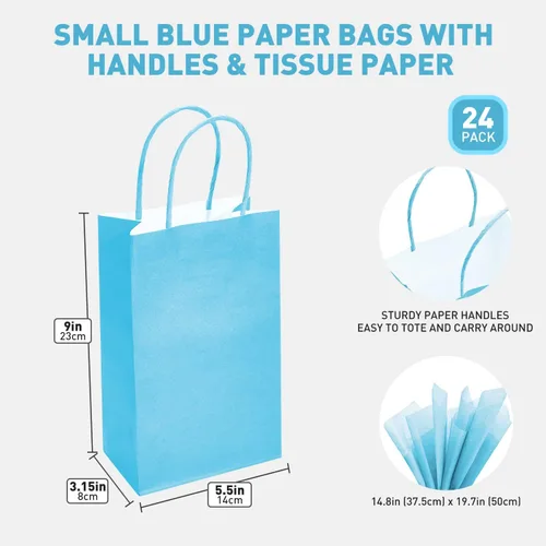 Miniatura 3 de DjinnGlory Paquete de 24 pequeñas bolsas de regalo de papel azul con asas de 9 x 5.5 x 3.15 pulgadas y 24 papel de regalo de seda para negocios