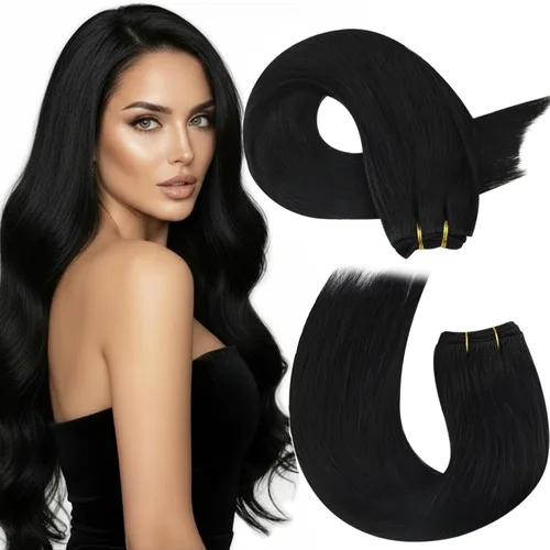 Miniatura 62 de Moresoo - Extensiones de cabello humano real cosidas, Remy, lacio, doble trama, color negro jet, 14 pulgadas, 3.53 onzas