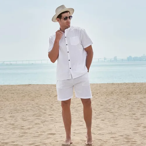 Miniatura 2 de AOTORR Conjunto de lino de 2 piezas para hombre, camisa de manga corta con botones y traje de playa corto