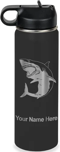 Miniatura 18 de LaserGram Botella de agua personalizada, gran tiburón blanco, acero inoxidable de doble pared aislada al vacío con popote superior, regalo grabado