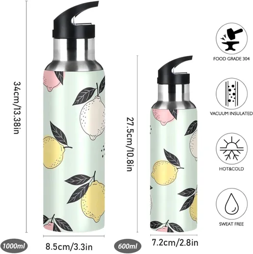 Miniatura 2 de BPA-Free Sports Water Bottle with Straw 20 Oz, Insulated Water Bottle for Gym Outdoor Travel School, Pastel Lemons Light Green
