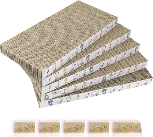 Miniatura 11 de PatiencET Paquete de 4 almohadillas para arañazos para gatos con caja, rascador de cartón para gatos de interior, rascador reversible con caja