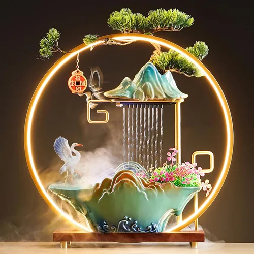 Fuente interior de mesa con grúa, fuente de cascada, quemador de incienso, decoración de Feng Shui para buena suerte, fuente de cerámica con luz