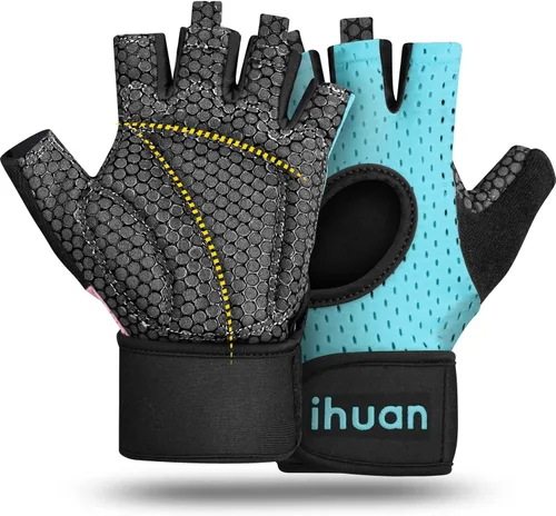 Miniatura 11 de ihuan Guantes transpirables para levantamiento de pesas: soporte de muñeca para ejercicio sin dedos Mejora la protección de la palma Agarre Verde