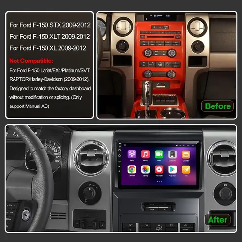 Miniatura 2 de (Solo para manual AC) [4+64G] Estéreo de coche con Carplay inalámbrico y Android Auto para Ford F150 2009 2010 2011 2012 Android 13 9 pulgadas