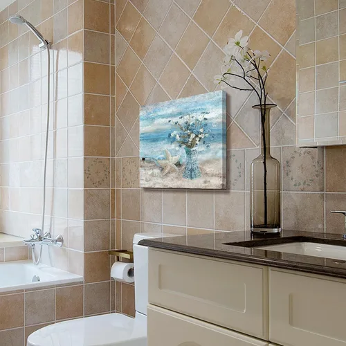 Miniatura 7 de Arte de pared para decoración de baño, imagen de playa azul, tema oceánico, impresión en lienzo de flores, pintura moderna de paisaje marino