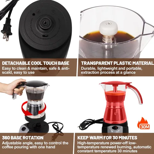 Miniatura 6 de Olla eléctrica Moka de 3 a 6 tazas de 5.1-10.1 fl oz de plástico transparente, cafetera portátil de acero inoxidable, cafetera italiana, máquina