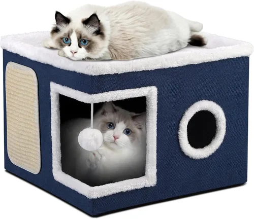 Miniatura 15 de Casa de Gato de 2 Pisos para Gatos de Interior, Separable en 2 Grandes Camas de Gato Cueva con Condominios Escondidos, Almohadillas para Rascar