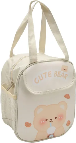 GLOGLOW Lonchera kawaii, bonitas bolsas de almuerzo Oxford de tela PU con asa para picnic (oso de té con leche beige)