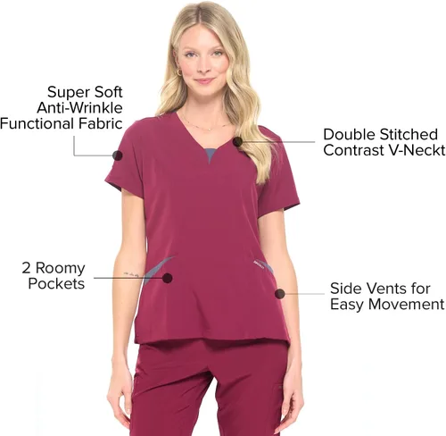 Miniatura 3 de Dagacci Medical Uniform Conjunto de ropa quirúrgica para mujer en 4 direcciones, red de contraste dividido y bolsillo