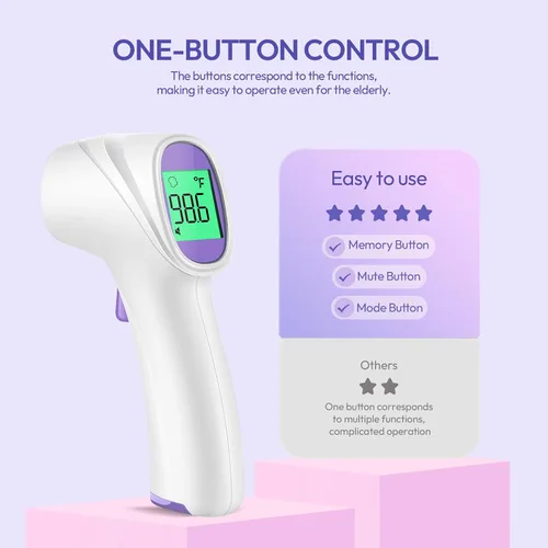 Miniatura 4 de Termómetro de frente para adultos, niños y bebés, termómetro digital sin contacto con pantalla de retroiluminación LCD, alarma de fiebre y lectura