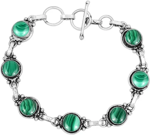Miniatura 98 de Round Shape Natural & Synthetic Gemstones Silver Plated Bracelets for Women - Vintage Bohemian Style Handmade Birthstone Adjustable Link Bracelet