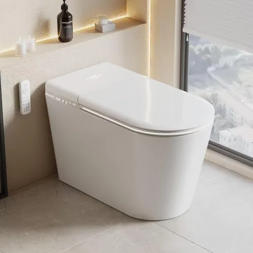 Miniatura 11 de LOUPUSUO Inodoro inteligente con rociador de agua caliente y secadora, inodoro de bidé de una pieza con funcionamiento automático de sensor de pie