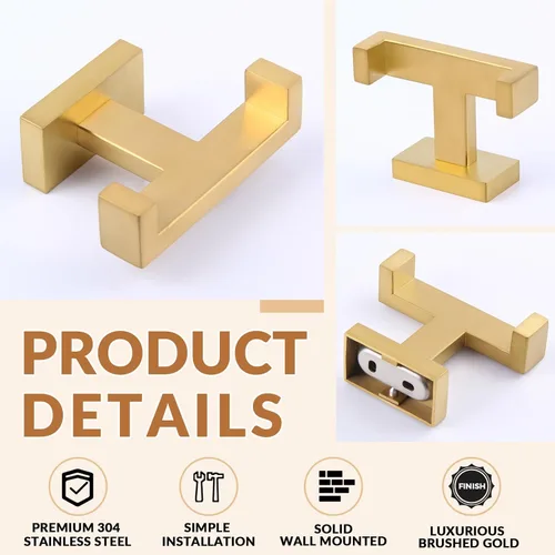 Miniatura 5 de APLusee Paquete de 2 ganchos dobles para toallas de baño, soporte cuadrado de doble capa de acero inoxidable sólido, moderno para baño y cocina, Oro