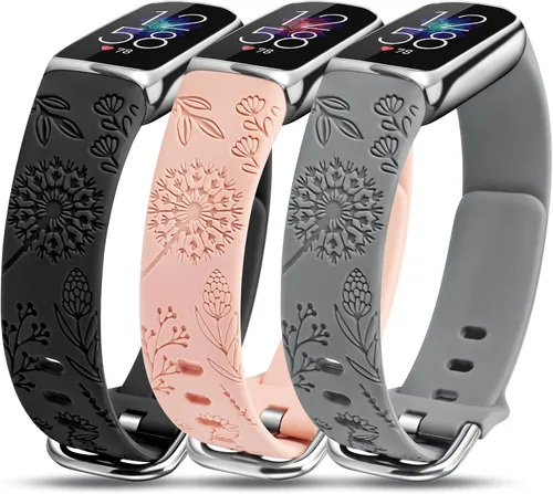 Miniatura 11 de Minyee Paquete de 3 correas compatibles con Fitbit Luxe para mujer, de silicona suave, con grabado floral, correa deportiva de diente de león