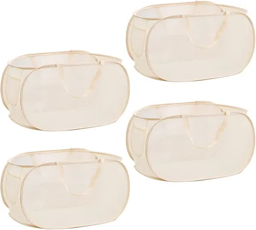 4 cestas de lona beige para lavandería, cesta plegable de malla, gran capacidad, diseño de apertura, bolsa de almacenamiento lateral, uso versátil,