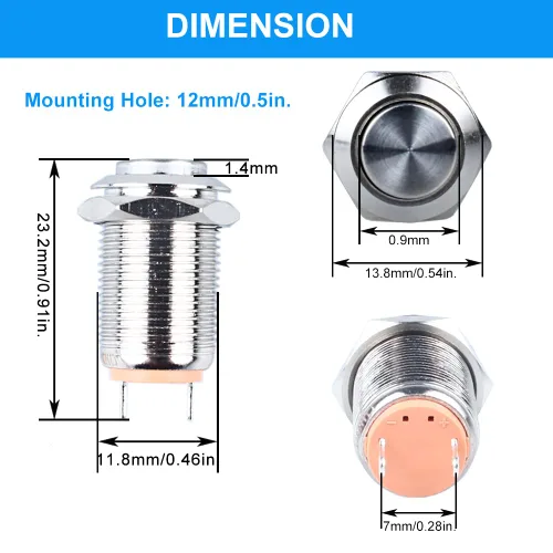 Miniatura 3 de Paquete de 2 interruptores de botón de cierre de metal impermeable de 12 mm con cabeza elevada, terminales de enchufe, orificio de montaje de 1/2