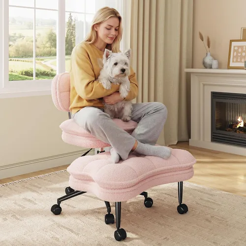 Miniatura 10 de DurayLoly Silla de oficina con patas cruzadas, giratorio 360, reposapiés plegable, cojín de felpa de doble capa de 5.12 pulgadas, altura ajustable