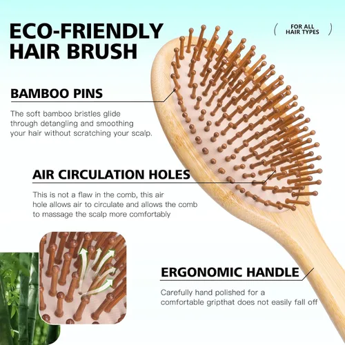 Miniatura 3 de Combeter Juego de cepillo y peine de bambú (4 piezas) – Peine desenredante natural y ecológico para mujeres, hombres y niños, reduce
