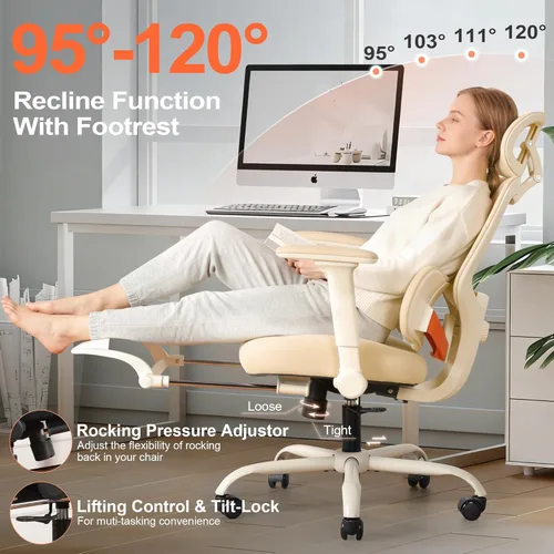 Miniatura 7 de Silla de oficina ergonómica con brazos abatibles y reposapiés 4D, silla de escritorio de malla para juegos con reposacabezas 3D y soporte lumbar