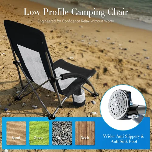 Miniatura 5 de DUMOS Silla de playa plegable para campamento, silla de playa ligera y baja portátil con soporte para tazas, bolsillo de almacenamiento, respaldo