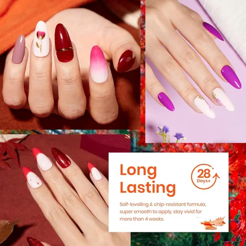 Miniatura 5 de Beetles - Set de 20 esmaltes de gel p/decoración de uñas, colección Fall Yard, purpurina naranja/marrón/rojo/azul marino, semipermanente, LED c/capa