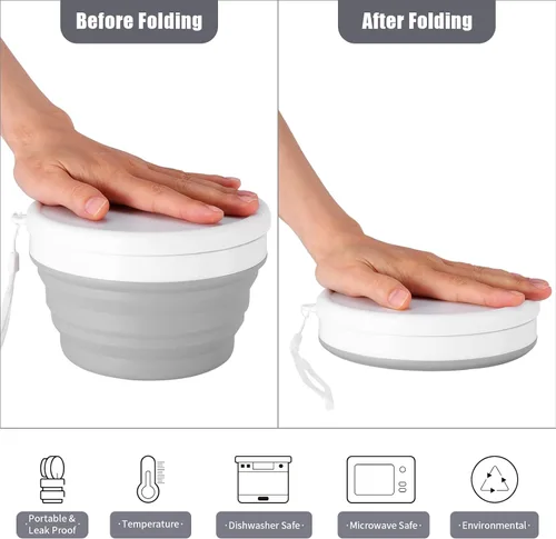 Miniatura 3 de Odoland, juego de taza y tazón de silicona plegable para camping, kit de cocina portátil con cuchara y tapa de acero inoxidable para 1 persona