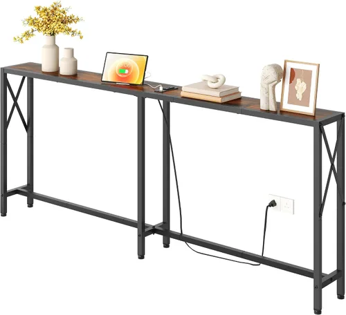 Miniatura 17 de Gewudraw Mesa consola de 41.7 pulgadas con tomacorriente, mesa estrecha detrás del sofá, diseño industrial delgado para pasillo, entrada, sala