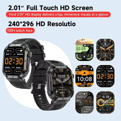 Miniatura 2 de Reloj inteligente militar para hombre, pantalla HD de 2.01 pulgadas, reloj inteligente para hombre, responder/hacer llamadas, IP68 impermeable, Negro