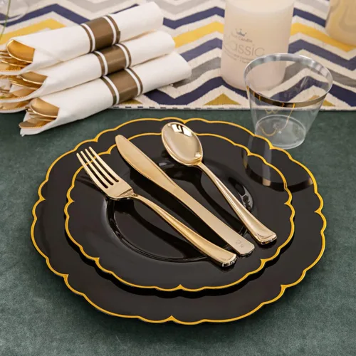 Miniatura 2 de Morejoy 175 platos de plástico de oro negro, plato negro con servilletas enrolladas: 50 platos, 25 cucharas, 25 tenedores, 25 cuchillos, 25 tazas