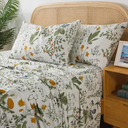 Miniatura 38 de Zusbest Juego de sábanas florales de 100 % algodón percal, color naranja y amarillo, juego de sábanas suaves y transpirables con diseño botánico