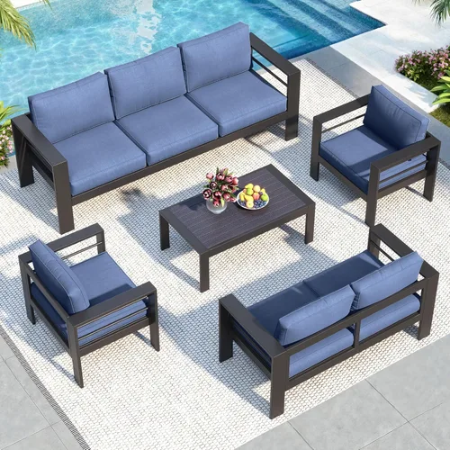 Miniatura 9 de Solaste Juego de muebles de patio de aluminio para todo tipo de clima, moderno juego de muebles de metal para exteriores con asientos profundos