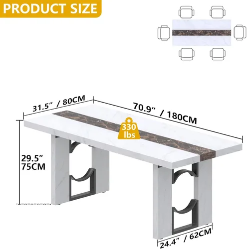 Miniatura 2 de Loomie Mesa de comedor de 71 pulgadas para 6-8 personas, mesa de cocina rectangular grande con mesa de color mármol, mesa de comedor lujosa de 6