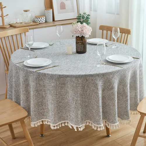 Miniatura 11 de Mantel redondo de algodón con aspecto de lino de 48 pulgadas/48.0 in resistente al agua, borde de borla, cubierta suave de color sólido para cocina