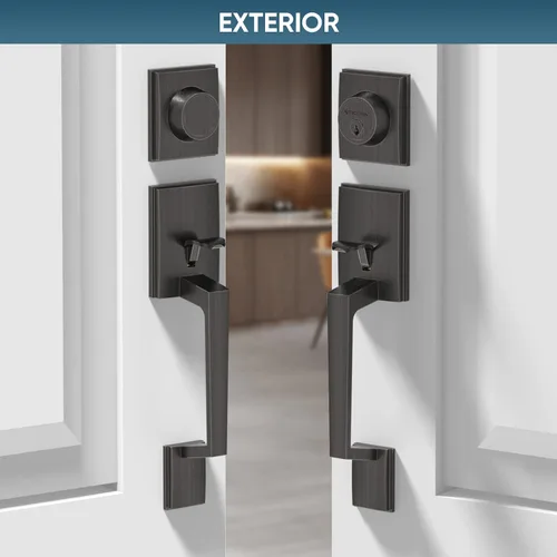 Miniatura 8 de TICONN Juego de manijas para puerta doble delantera, palanca de puerta cuadrada resistente y cerrojo de cilindro único combinado para puertas Bronce