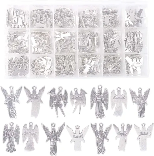 Miniatura 8 de ChangJin - Una caja de 180 dijes de ángeles de metal plateado envejecido para hacer joyas en almacenamiento (7 estilos), Metal, No es una piedra