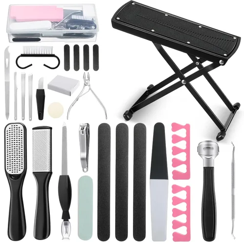 Gisafai Kit de pedicura profesional de 27 piezas, herramientas de pedicura para pedicura, reposapiés, removedor de piel muerta, antideslizante,