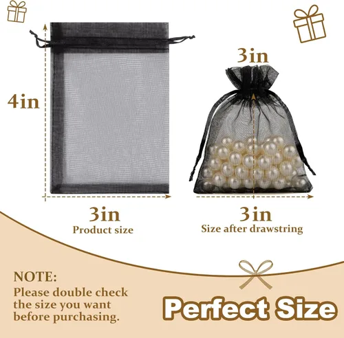 Miniatura 2 de Crweety 50 bolsas de organza negra de 3 x 4 pulgadas, pequeñas bolsas de regalo de malla con cordón para embalaje de pulseras de joyería, bolsa