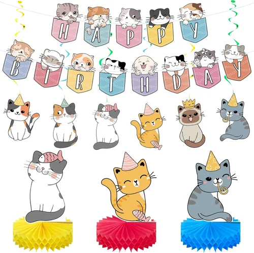 Chinco Kit de 16 Piezas de Suministros de Fiesta de Cumpleaños con Tema de Gato, Incluye Bandera de Fiesta de Gato con 6 Recortes Colgantes, 6