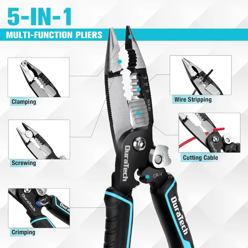 Miniatura 2 de DURATECH Pelacables 5 en 1, pelacables de 8 pulgadas y herramienta de prensado, construcción CR-V premium, alicates de punta de aguja, alicates
